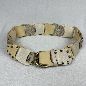 Leatherock Tan White Neutral Wide Leather Tab Link Studded Rivet Hip Belt M/L